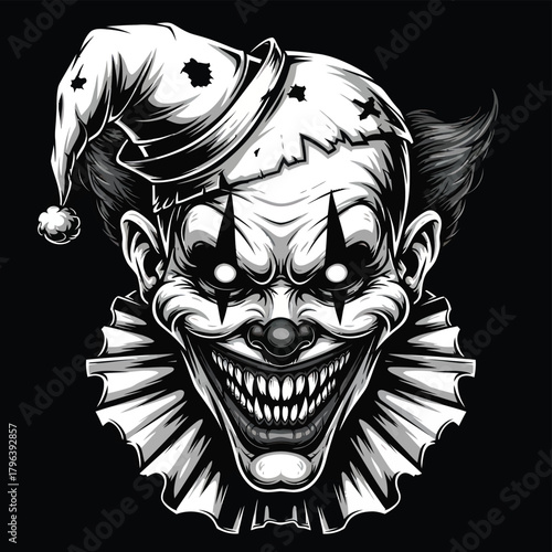 Terrifying clown face with menacing grin for Halloween projects