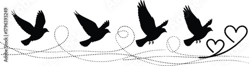 Bird flight vector with heart swirls, black silhouette design, freedom motion graphic, romantic journey symbol, minimal artistic illustration