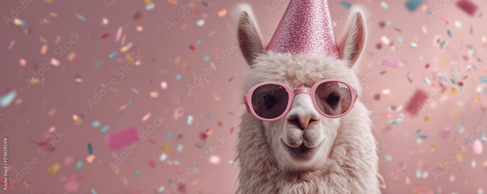 Obraz premium Close-up of a fluffy llama wearing pink sunglasses and a party hat amidst colorful confetti, concept for birthday invitation, festive decoration and children's book illustration