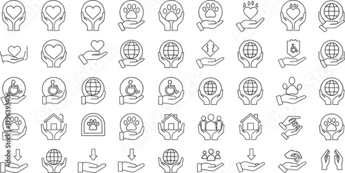 Care and support icon set, community help symbols, accessibility vector graphics, pet welfare signs, minimalist line art collection