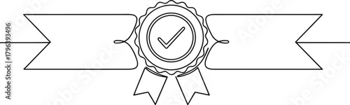 Certification badge with check mark, achievement ribbon icon, quality assurance emblem, approval symbol vector, official award graphic, minimalist design