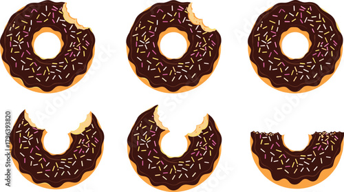 Chocolate donuts with sprinkles, progressive bites, dessert stages, sweet snack, food concept, white background, bakery treat, colorful toppings, edible art