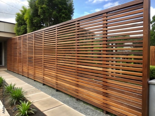 Modern wooden fence with horizontal slats outdoors