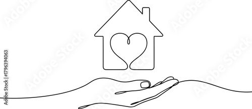 Hand cradling house with heart, minimalist shelter care icon, continuous line vector, love and protection symbol, elegant home graphic