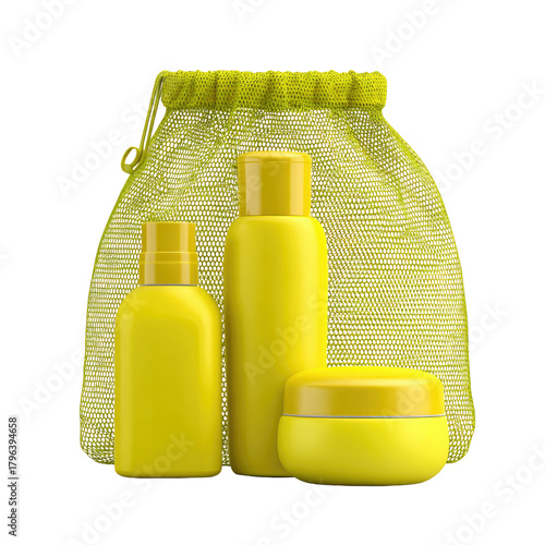 Yellow toiletry set arranged in front of a drawstring pouch