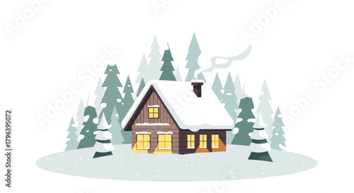 A cozy wooden cabin in a snowy winter forest with smoke coming from the chimney.