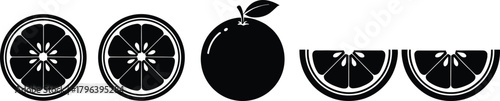 Orange fruit illustration set, whole and sliced citrus icons, black and white vector design, food nutrition graphic, segment layout