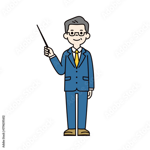 指示棒を持って説明する、スーツを着たシニア世代の男性の全身ベクターイラスト素材＿カラー
