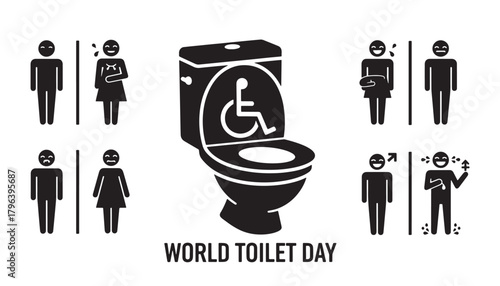 World toilet day celebration with accessible and standard restroom icons