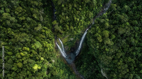 Aerial View of Lush Waterfall Cascading Through Forest