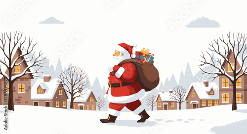 Santa Claus walking through a snowy village with a sack full of gifts on his back.