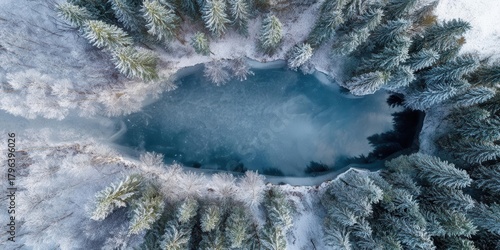 Aerial Winter Forest Lake View with Snow and Ice