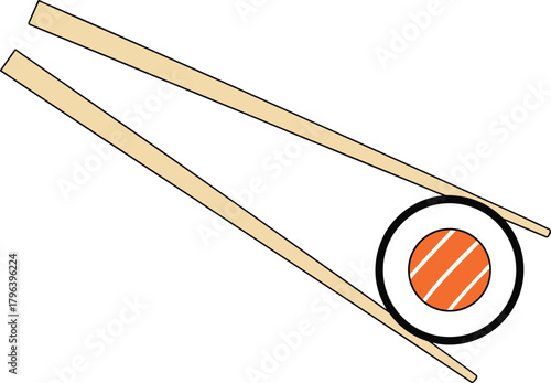 Sushi roll with chopsticks vector, Japanese food icon, minimal illustration, salmon filling, dining culture, black silhouette graphic