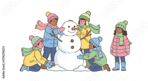 A diverse group of children dressed in winter clothing are happily building a snowman together in the snow.