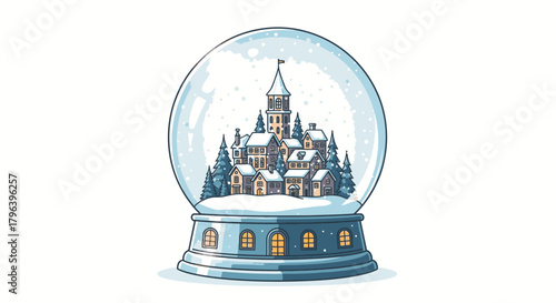 A charming winter village scene encased within a classic snow globe, featuring snow-covered buildings, evergreen trees, and falling snowflakes.