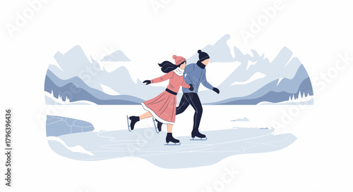A romantic couple in winter clothing ice skating hand-in-hand on a frozen lake surrounded by snowy mountains.