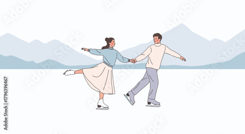 A couple holding hands while ice skating on a frozen lake with mountains in the background.