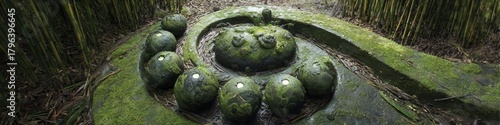 Ancient Stone Sculpture Covered in Moss, Bamboo Forest, Nature