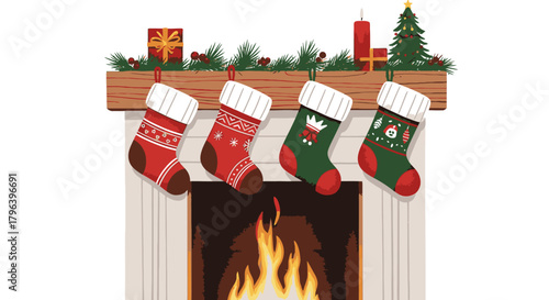 A festive fireplace adorned with Christmas stockings, presents, and a lit candle, creating a warm holiday atmosphere.