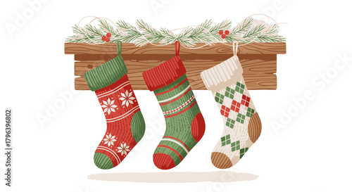 Three colorful Christmas stockings with festive patterns hanging from a decorated wooden mantelpiece.