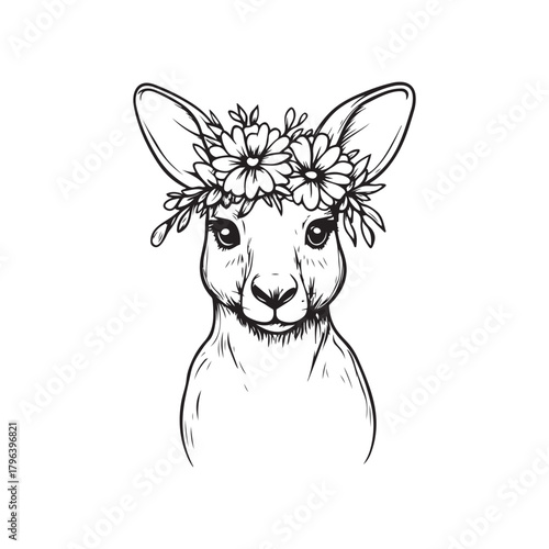 Cute Kangaroo with Floral Crown – Hand-Drawn Line Art Animal Illustration