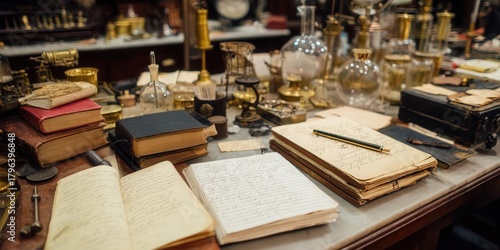Antique Desk with Books, Pens, and Glassware Still Life