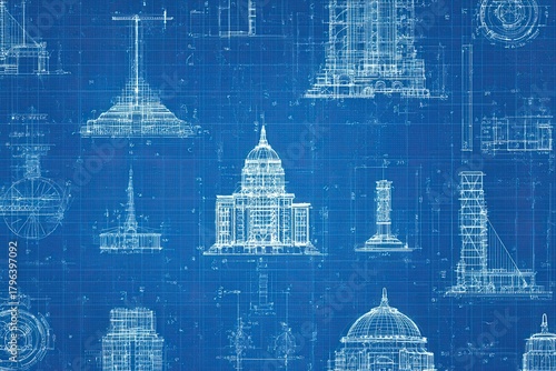 Architectural Blueprints Detailed Building Designs on Grid Background