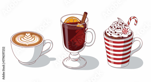 An illustrated set of three hot winter beverages: a latte with foam art, mulled wine with orange, and hot chocolate with a candy cane.