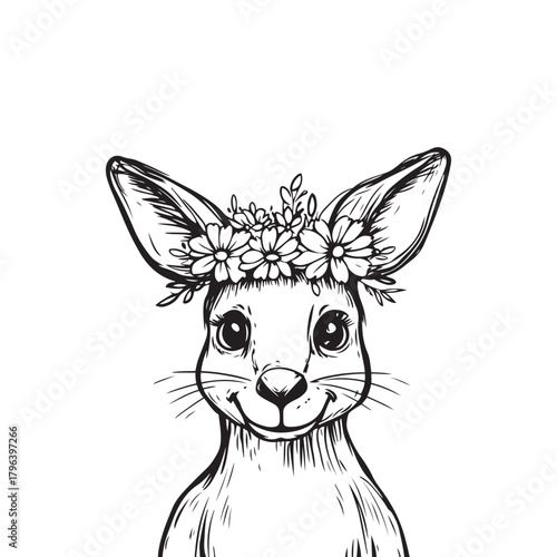 Cute Kangaroo with Floral Crown – Hand-Drawn Line Art Animal Illustration