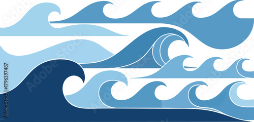 Stylized Blue Ocean Waves Pattern with Varying Sizes and Shades.