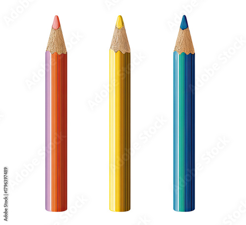 Three colored pencils, red-orange, yellow, and blue-teal, stand vertically against a black background