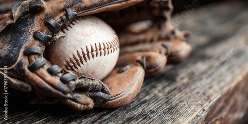 Baseball Glove and Ball on Rustic Wood Texture