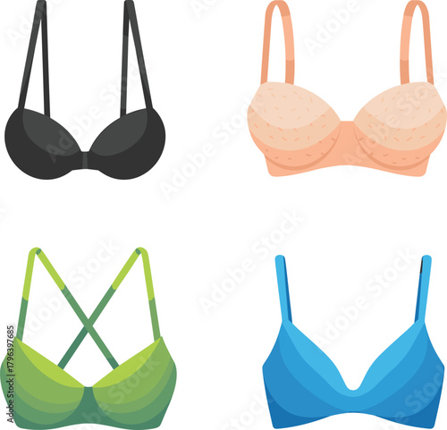 Colorful women bras collection vector illustration, different lingerie styles set, fashion underwear design, modern female intimate apparel icons for clothing and boutique concept