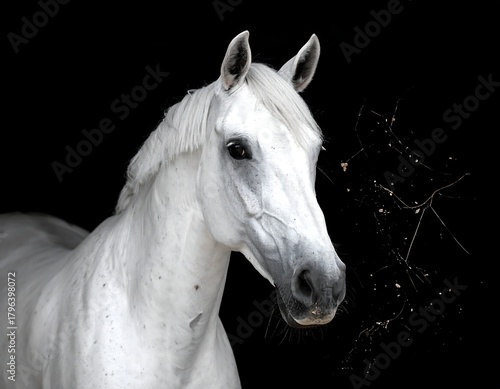 A majestic white equine's head and upper body are featured against a stark black background. Natural light enhances its features