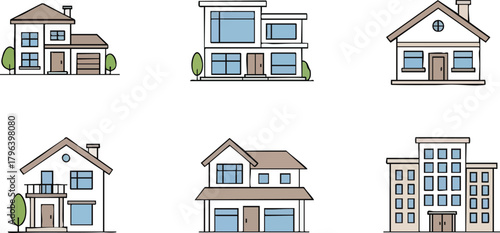 Various house illustrations depicting different architectural styles.