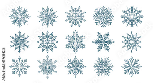 A collection of intricate blue snowflake designs with various unique patterns against a white background, symbolizing winter and cold.