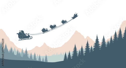 Silhouette of Santa Claus in his sleigh flying over mountains and trees during the holidays.