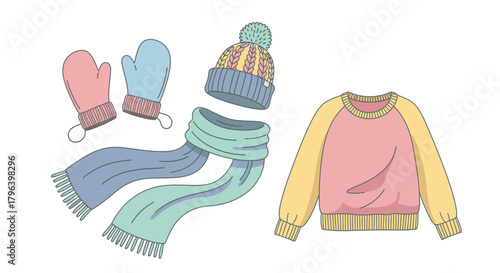 A collection of colorful winter clothing including a sweater, scarf, hat, and mittens, illustrated in a flat, pastel style.