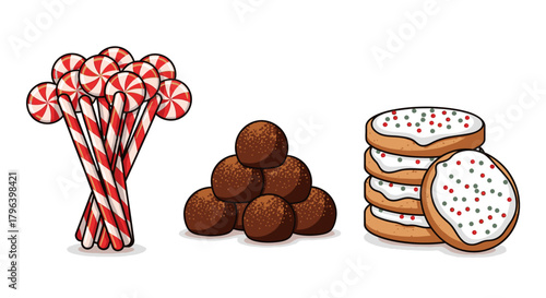 A collection of festive holiday treats including candy canes, chocolate truffles, and decorated cookies.