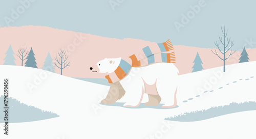 A polar bear wearing a scarf walks through a snowy landscape with trees and hills.