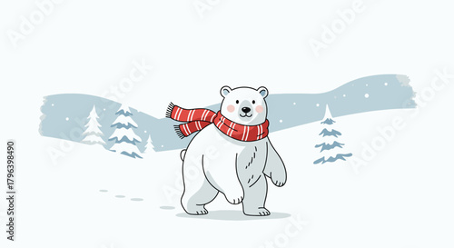 Cartoon polar bear wearing a scarf in a snowy winter landscape.