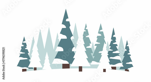 Illustration of a winter forest with snow-covered evergreen trees on a white background.