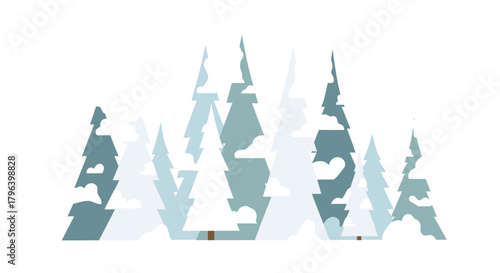 A minimalist graphic illustration of a snowy pine forest on a clean white background.