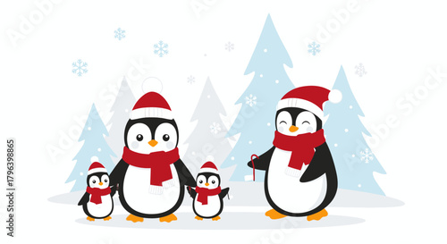 A charming illustration of a penguin family dressed in Santa hats and red scarves, enjoying a snowy winter day with festive trees in the background.