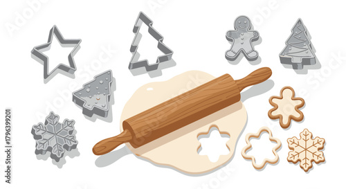 Close-up of various cookie cutters and a rolling pin on a surface with dough.