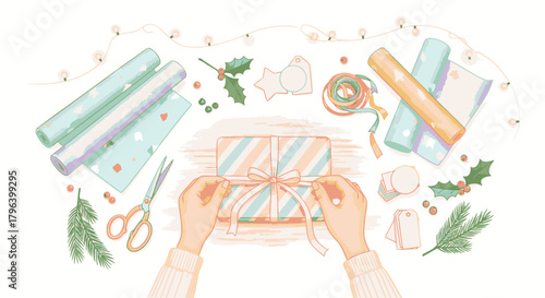 Overhead view of hands tying ribbon around a wrapped gift with wrapping paper and decorations.