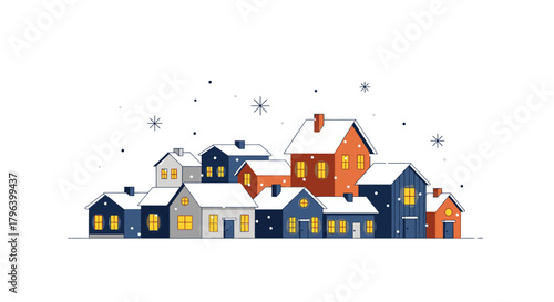 Cozy winter village illustration with snow-covered houses and warm glowing windows under falling snowflakes.