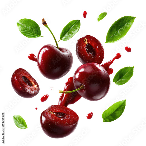 Fresh whole cherries and juicy cherry halves flying on transparent background
