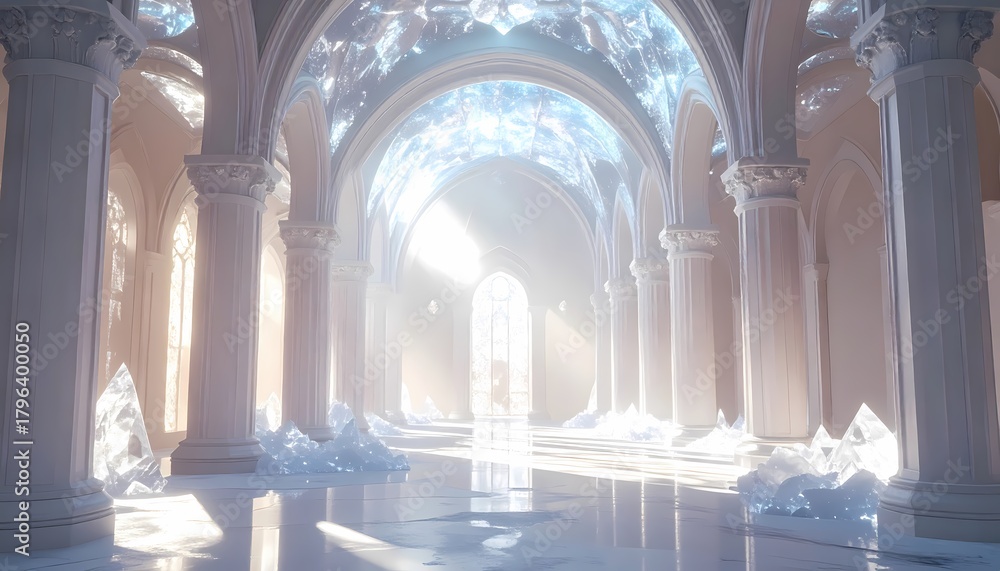Fototapeta premium Ethereal Hallway with Glowing Light and Pillars.