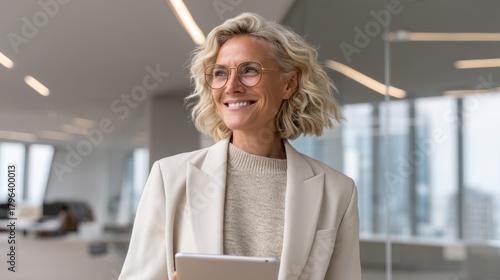 Professional woman smiling in modern office corporate environment portrait positive vibe business success